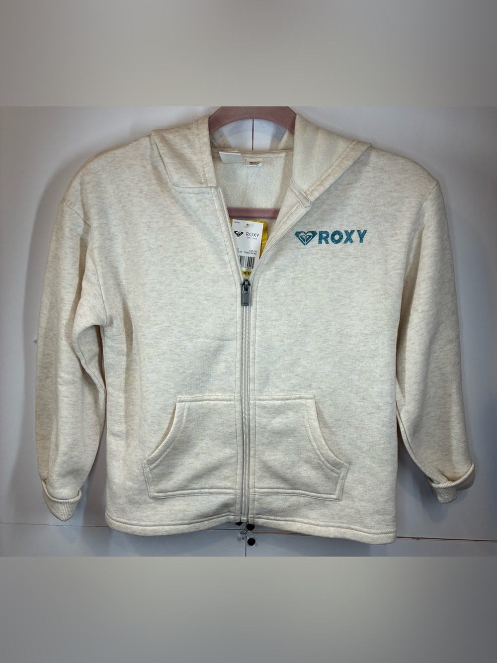 Roxy Girls M 8/10 Oatmeal Zip Up Hoodie Fleece Tropical Graphic NWT